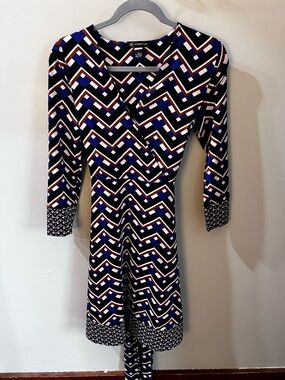 INC International Concepts Chevron Wrap Dress in Navy, White & Brown